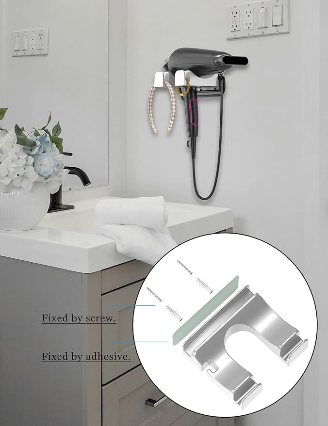 Universal Hair Dryer Holder Wall Mounted, Blow Dryer Holder Cabinet Door, Hairdryer Holder for Bathroom, Hair Dryer Storage Rack Fixed by Screw or Adhesive (White)