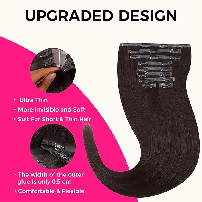 Lashey Seamless Clip in Hair Extensions Human Hair 130g 18 Inch 9pcs #2 Dark Brown Light Yaki Straight Full Pack Clip in Hair Extensions for Women