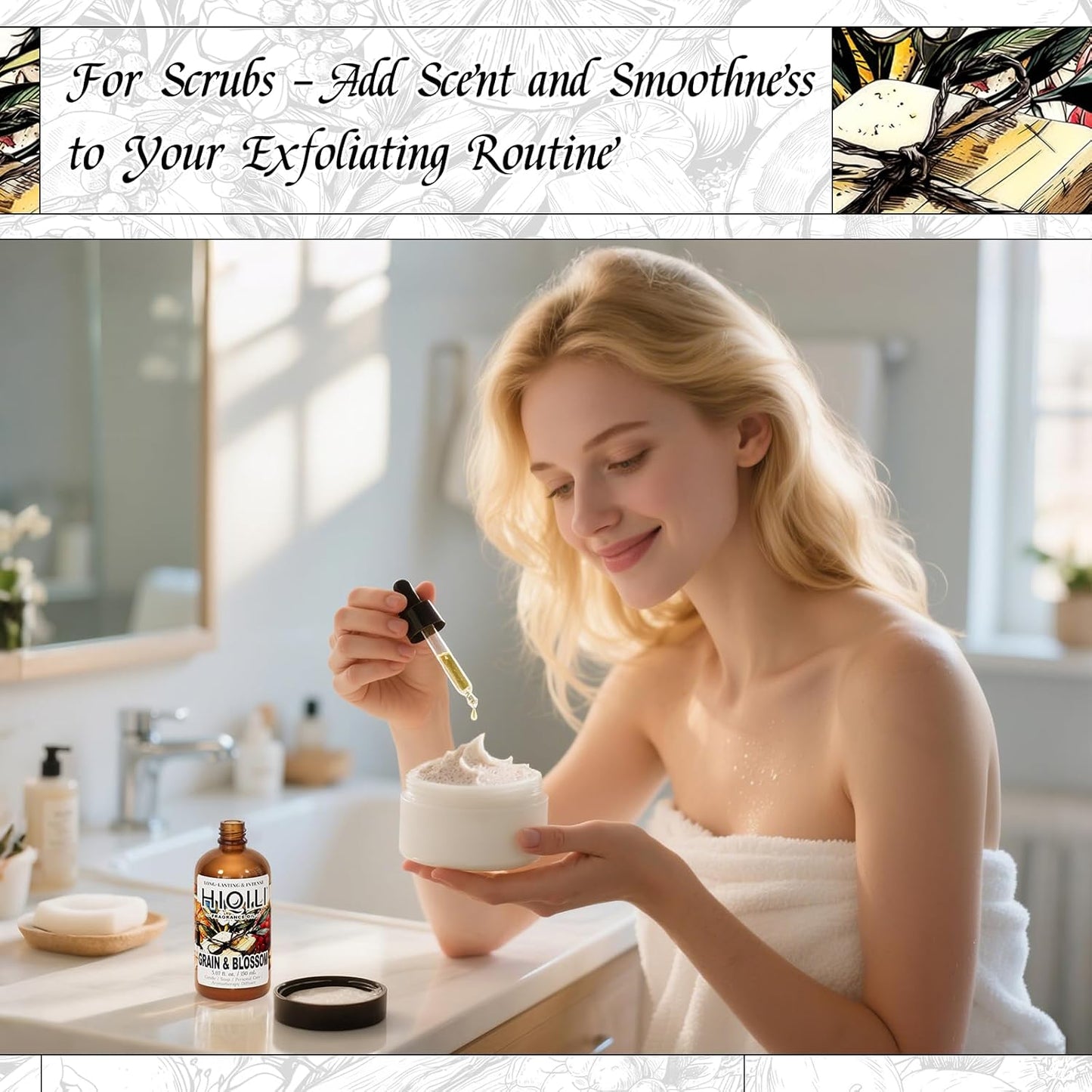 HIQILI Grain & Blossom Fragrance Oil for Diffuser, Candle, Solid Perfume Making, Fresh Floral Scents, Body & Skin Care - 5.07 Fl Oz