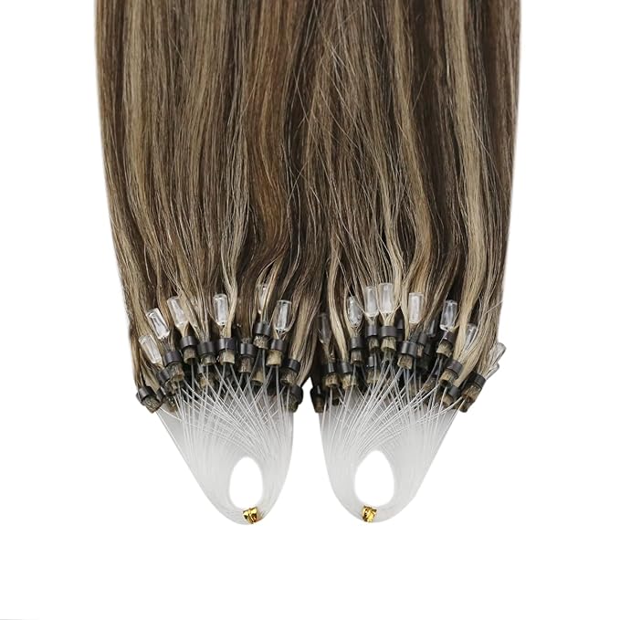 YoungSee Micro Link Hair Extensions Human Hair Highlight Micro Loop Hair Extensions Real Human Hair Dark Brown Highlighted Blonde Invisible Beaded Hair Extension Long Hair 24In for Wedding 50g 50s