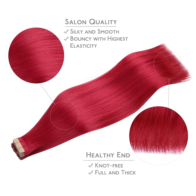 WENNALIFE Tape in Hair Extensions Human Hair, 20pcs 50g 16 inch Red Remy Hair Extensions for Women Tape Ins Straight Extensiones De Cabello Humano Skin Weft