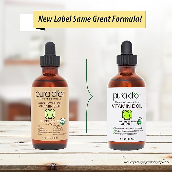 PURA D'OR 4 Oz ORGANIC Vitamin E Oil Blend - 100% Natural Hexane Free, Sweet Almond, Apricot, Jojoba, Argan, Rosehip, Sunflower & Avocado Bath Oil For Scars, Skin, Face & Full Body