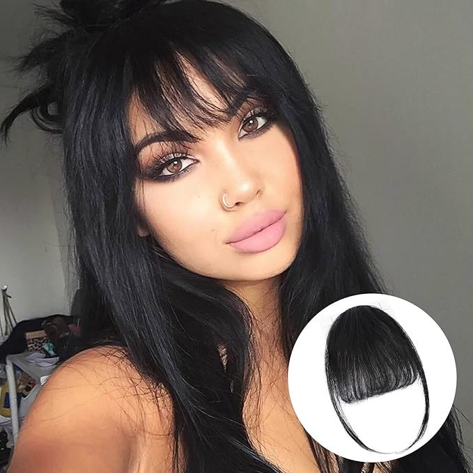 BOGSEA Clip in Bangs Real Human Hair Bangs Hair Clip with Temples Hairpieces for Women Natural Looking Fringe Hair Extension for Daily Wear(Wispy Bangs, Black Bangs)