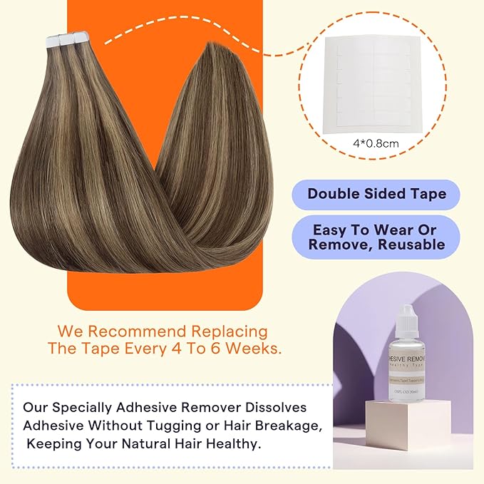 Full Shine Tape in Hair Extensions Human Hair Color 4 Medium Brown Highlight 27 Honey Blonde Fashion Invisible Double Sided Hair Extensions Tape in 20PCS Natural Straight Remy Hair 50g for Party