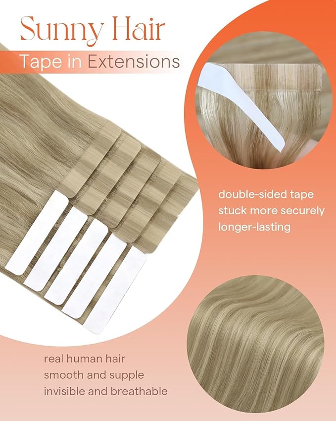 Sunny Hair Tape in Hair Extensions Real Human Hair Invisible Remy Hair Extensions Tape ins for Women Dark Honey Blonde Highlight Medium Blonde 22 inch 25G