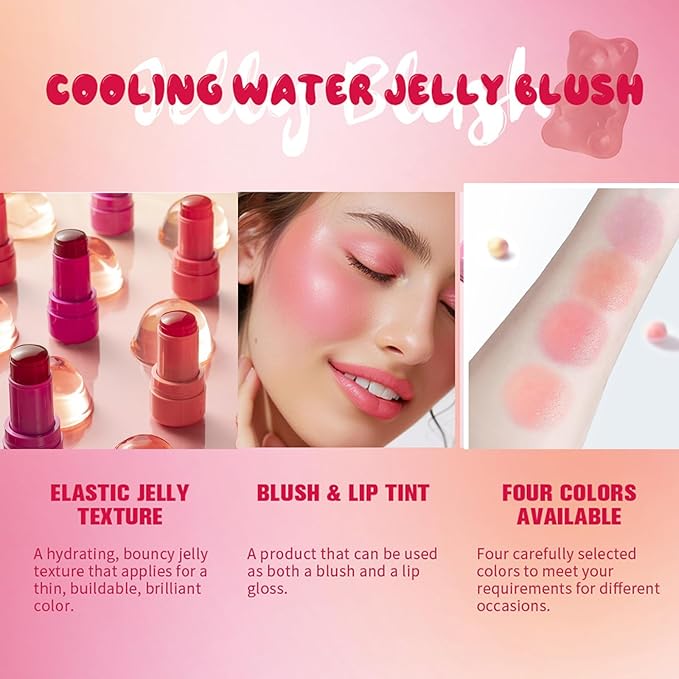 Jelly Blush Stick, Water Jelly Tint Makeup, Sheer Lip & Cheek Tint Stain - Buildable Lightweight Finish, Moisturizing Waterproof Long Lasting Water Tint Lip Stain Makeup