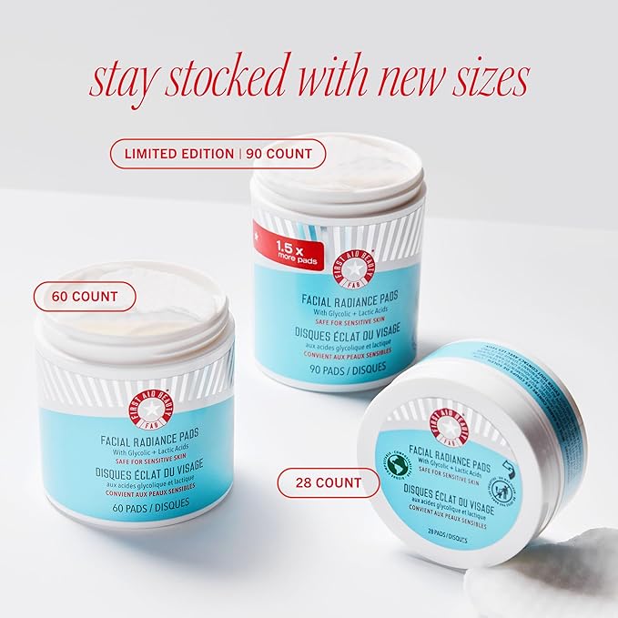 First Aid Beauty - Facial Radiance Pads with Glycolic & Lactic acids, Daily Exfoliating pads with AHA to Help Tone & Brighten Skin, One Step Makeup Prep, Compostable for Daily Use, 28 Pads, 3 ct