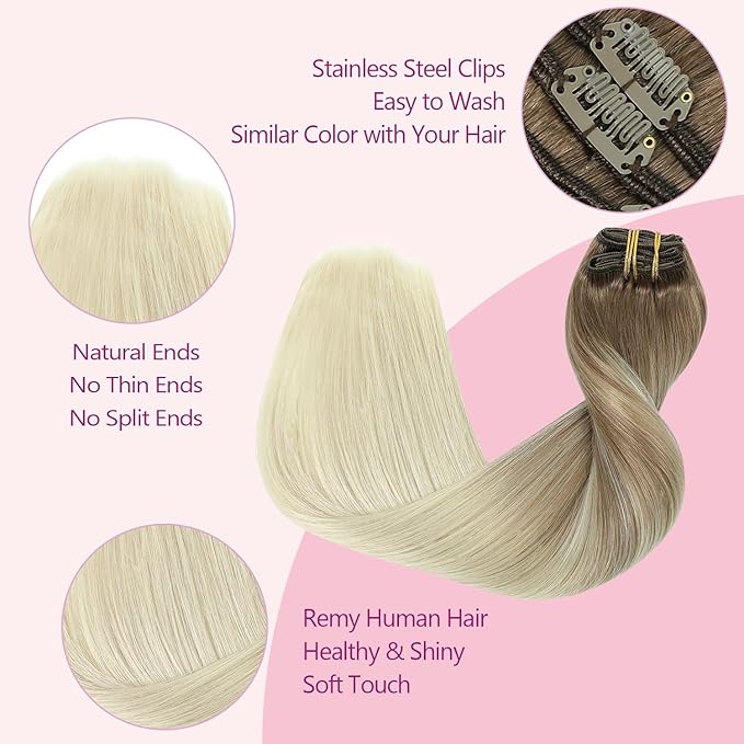 PINKPEARL Human Hair Clip in Hair Extensions 22inch #8T60 Ash Brown to Platinum Blonde Balayage Clip in Hair Extensions Real Human Hair 7pcs 120g Natural Remy Human Hair(#8T60-22)