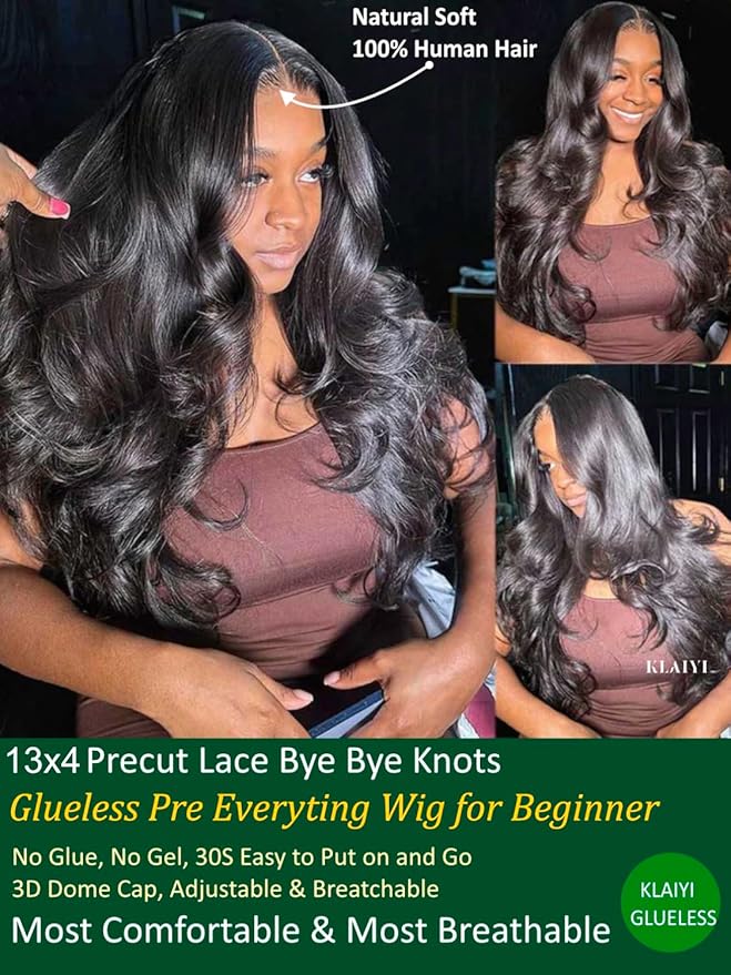 KLAIYI Wear And Go Glueless Wig Bye Bye Knots 13x4Precut Lace Front Wigs Human Hair Loose Body Wave Wig Pre Bleached Pre Everything Pre Plucked with Baby Hair 3S Ready to Wear Beginner Friendly 16Inch