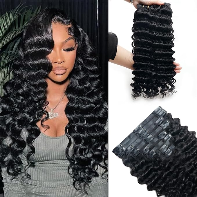 Deep Wave Clip in Hair Extensions Real Human Hair 2 Pack 240g Seamless Clip in Hair Extensions for Women Full Max with 16Pcs PU Thin Weft 14inch Natural Black