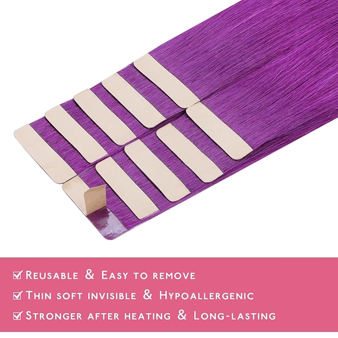 Wennalife Purple Tape in Hair Extensions, 10pcs 30g 24 inch Remy Invisible Tape Ins Straight Colored Soft Real Human Hair Tape in Extensions Refill Set Extensions