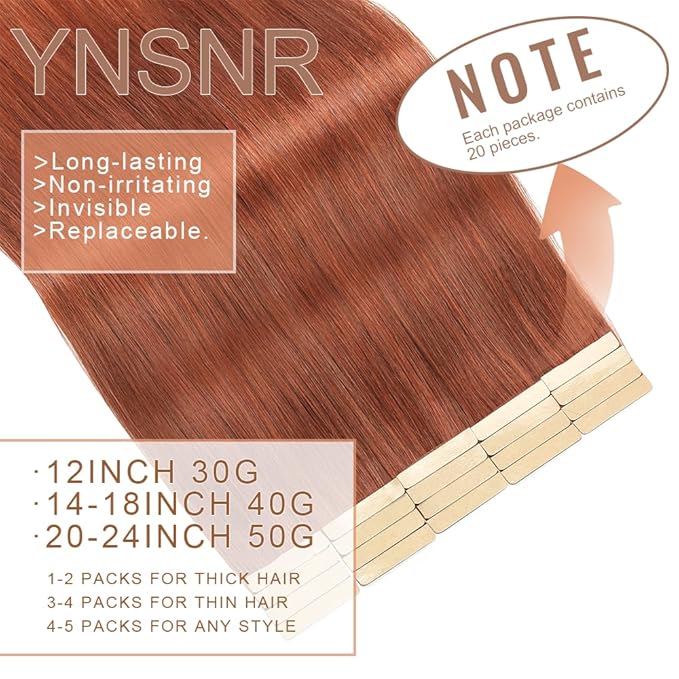 Human Hair Tape in Extensions Dark Reddish Auburn 20 Inch Invisible Tape in Hair Extensions Human Hair for Women Hair Extensions Real Human Hair Tape in