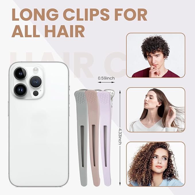 Hair Clips for Styling Sectioning - 6 PCS No Crease Hair Clips for Women - Non Slip Duck Billed Hair Roller Clips with Silicone Band - Salon Hair Sectioning Clips - Gray