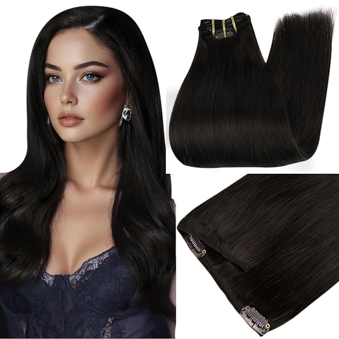 Full Shine Clip in Human Hair Extensions Black Hair Clip in Extensions Human Hair Black Triple Weft Hair Extensions Extra Volume 18 Inch 7 Pcs 135 G