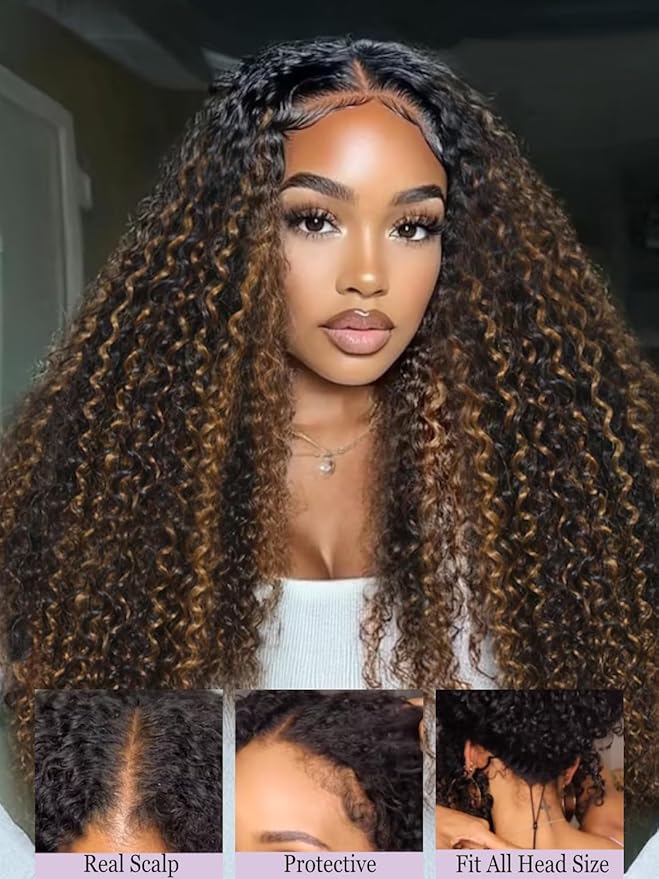 YIROO EasiContour V Part Ombre Brown Human Hair Wig Curly 12A Glueless Upgrade U Part Wig Ombre Black to Chestnut Brown No Leave Out V Shape Clip Wigs Ready to Go 150% Density Beginner Friendly 26Inch
