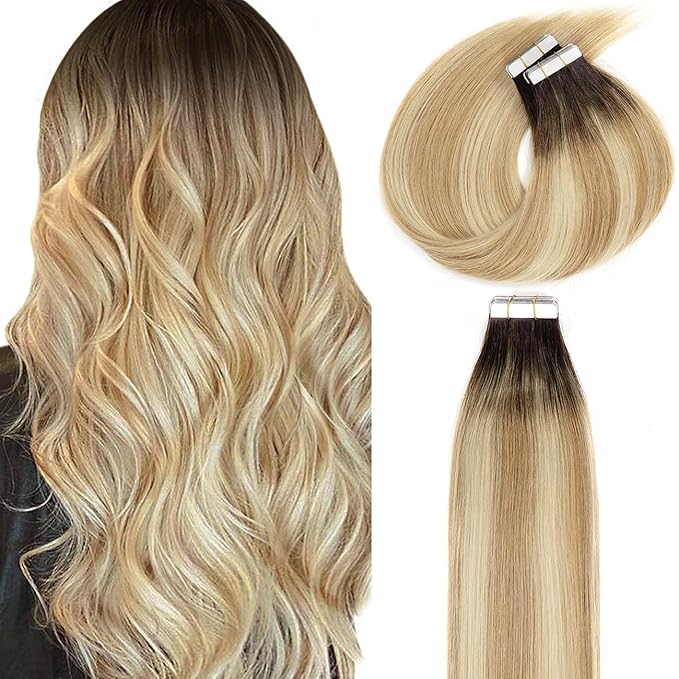 Lacer Remy Human Hair Extensions Tape Ins 20 Inch Tape in Real Human Hair Extensions Pu Skin Weft Color Caramel Blonde Mixed Bleach Blonde with Darkest Brown Roots 50 Gram R#2-27/613