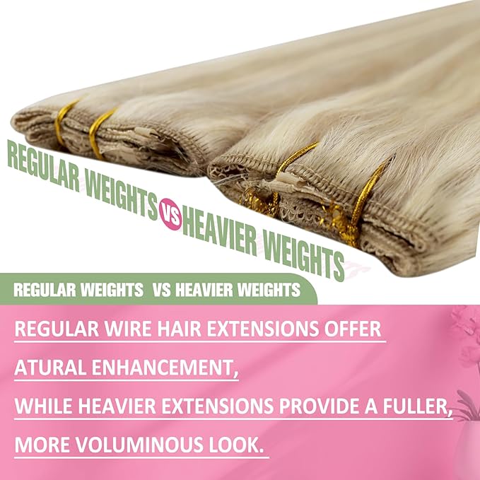 YoungSee Wire Hair Extensions Blonde Wire Hair Extensions Real Human Hair Ash Blond with Bleach Blonde Highlights Fish Line Hair Extension Real Human Hair for Women 14inch 80Gram