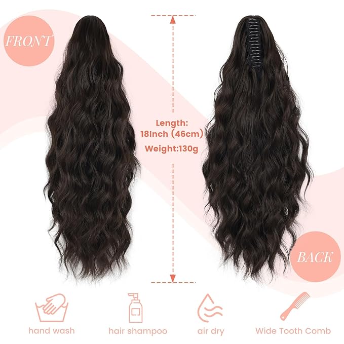 Claw Wavy Ponytail Extension 18 Inch for Women Curly Pony Tail Clip in Hair Extensions Shoulder Length Fluffy Natural Looking Synthetic Hairpiece for Daily Use (Black Brown)