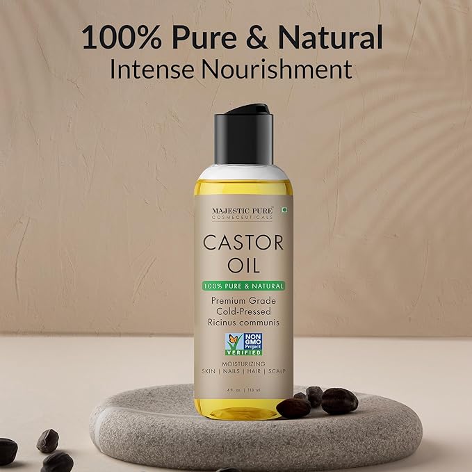 Majestic Pure Castor Oil - 100% Pure & Natural - Premium Grade, Cold Pressed, Hexane Free - Hair, Eyelashes, Eyebrows, Nails - Moisturizing & Nourishing - 4 Fl Oz