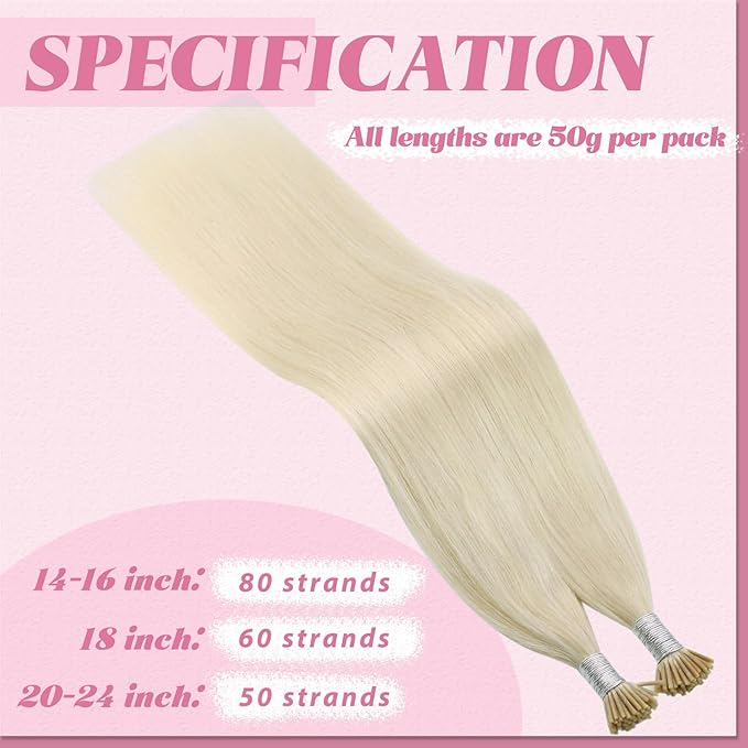 YoungSee I Tip Extensions Blonde Itip Human Hair Extensions Platinum Blonde 24 Inch 50s 50g Human Hair I Tip Extension for Long Straight Hair I Tip Human Hair Extension