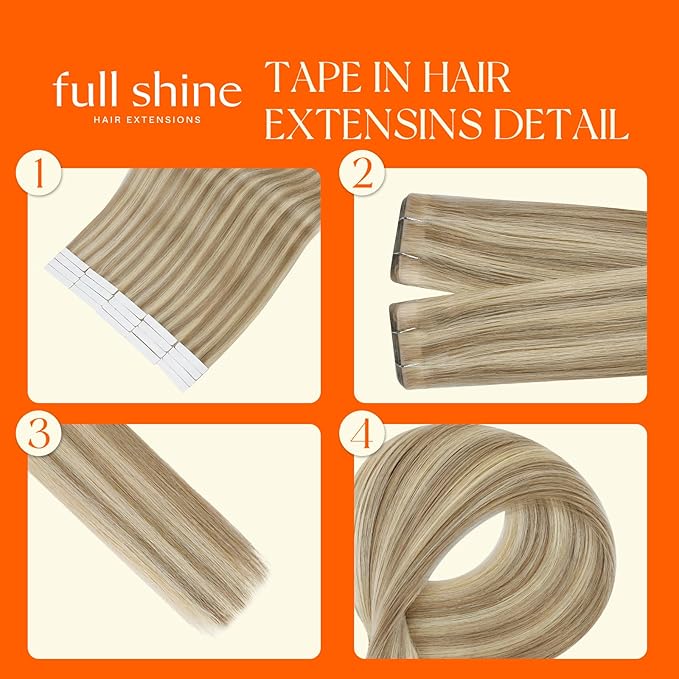 Full Shine Seamless Tape in Hair Extensions 16 Inch Invisible Machine Remy Tape in Extensions Color 16 Golden Blonde Highlight 22 Medium Blonde Injected Hand-Tied Real Human Hair 20 Pcs 40G Soft