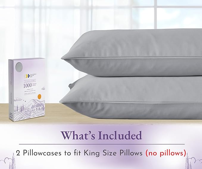 California Design Den Pillow Covers King Size Set of 2-1000 Thread Count Sateen, Soft and Thick 100% Cotton King Size Pillows Cases, Durable - Light Grey