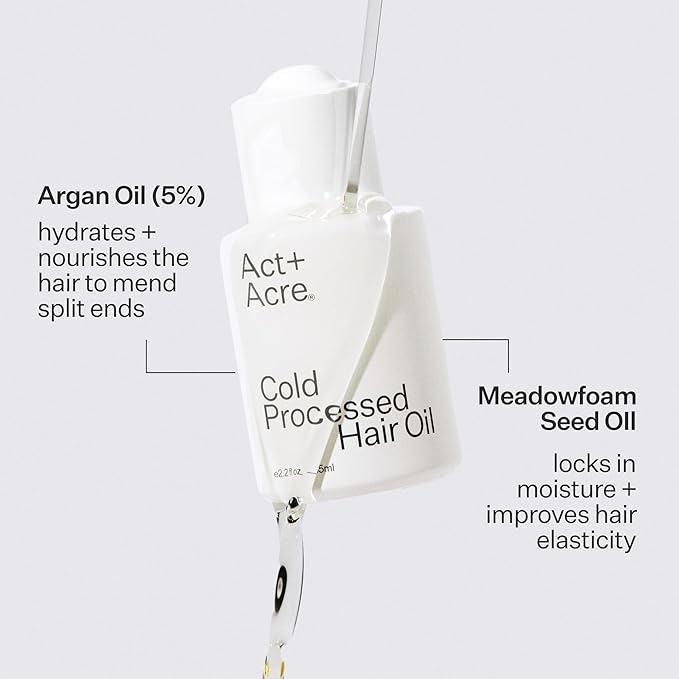 Act+Acre Cold Processed 5% Argan Repair Hair Oil - Moisturizing Argan and Meadowfoam Seed Oil - 100% Plant Based Ingredients - Protects and Prevents Damage and Frizz