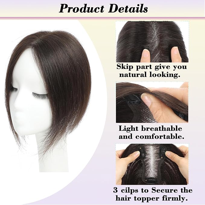 Human Hair Toppers for Women with Thinning Hair, 10 Inch, Dark Brown