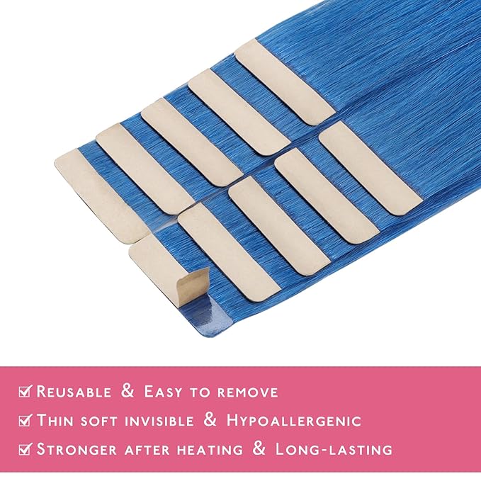 WENNALIFE Tape in Hair Extensions Human Hair Blue Tape in Extensions, 10pcs 30g 20 inch Remy Invisible Tape Ins Straight Colored Soft Real Human Hair Tape in Extensions Refill Set Extensions