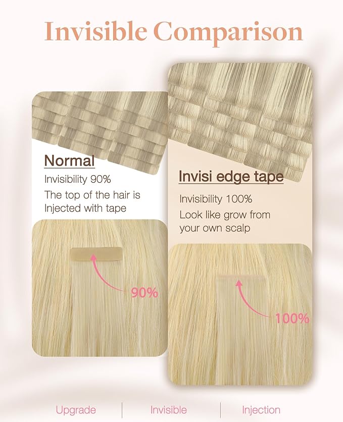 GOO GOO Invisi Edge Tape in Hair Extensions Human Hair, 17A/60A Ash Blonde Highlighted Platinum Blonde, 20pcs 24inch 50g, Virgin Remy Hair, Seamless Injected Tape, Natural Look