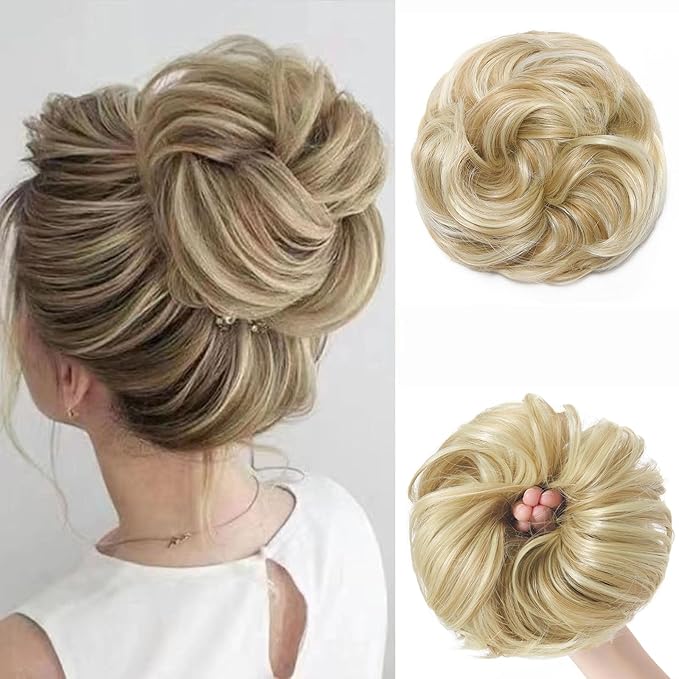 Large Messy Bun Hair Piece Curly Synthetic Extensions Scrunchies Fake Chignon Updo Hairpieces for Women Dirty Blonde Highlights