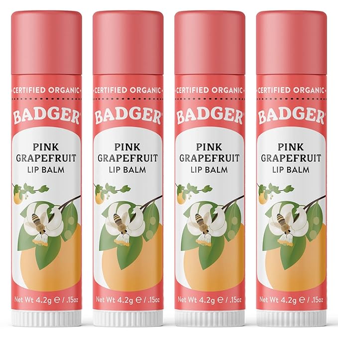 Badger - Classic Lip Balm, Pink Grapefruit, Made with Organic Olive Oil, Beeswax & Rosemary, Certified Organic, Moisturizing Lip Balm, 0.15 oz (4 Pack)