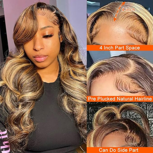 13x4 Highlight Ombre Lace Front Wig Human Hair Pre Plucked 4/27 Honey Blonde HD Transparent Colored Lace Frontal Wigs For Women with Baby Hair 200% Density Body Wave Lace Front Wig (16 Inch)