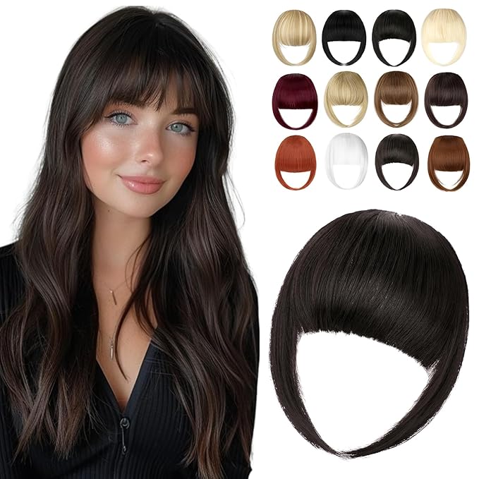 Clip in Bangs, Synthetic French Bangs Hair Clip, Fake Bangs Fringe with Temples Hairpieces for Women Natural Curved Hair Extensions for Daily Wear Dark Brown