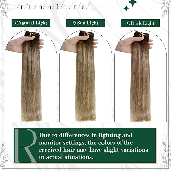 RUNATURE Balayage Clip in Hair Extensions, Real Human Hair Extensions Clip Ins, Double Weft Human Hair Clip in Extensions, Remy Natural Hair, 14 Inch 50g 3pcs #3/8/22 Walnut Brown to Blonde Balayage