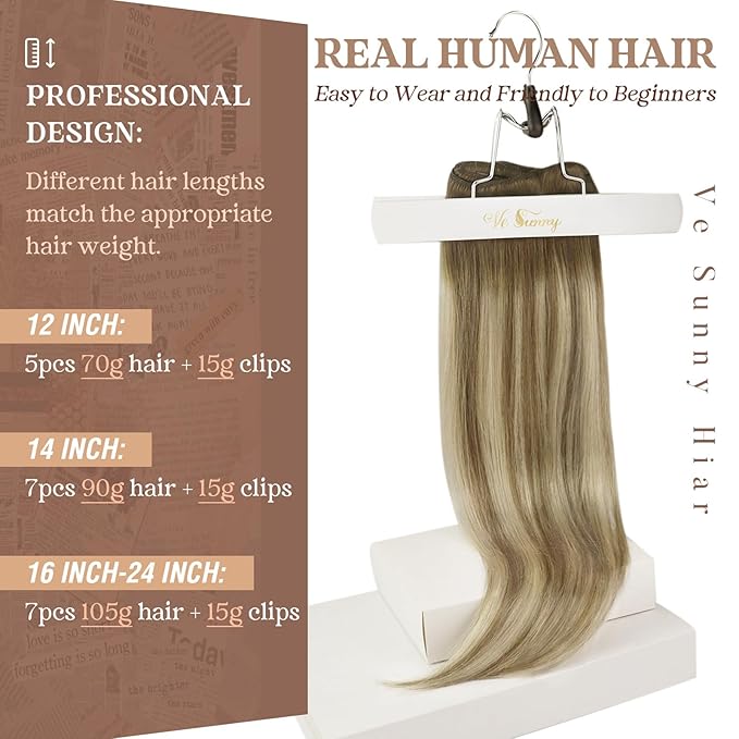 Ve Sunny Clip in Human Hair Extensions Balayage Clip in Hair Extensions Real Human Hair 24 Inch Long Straight Remy Hair Extensions Clip ins Dark Brown to Light Brown with Blonde 120g 7Pcs