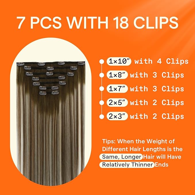 Full Shine Brown Clip in Hair Extensions Real Human Hair Ombre Clip in Extensions Balayage Brown to Blonde Short Hair Extensions for Bob 12 Inch 95 G 7 Pcs