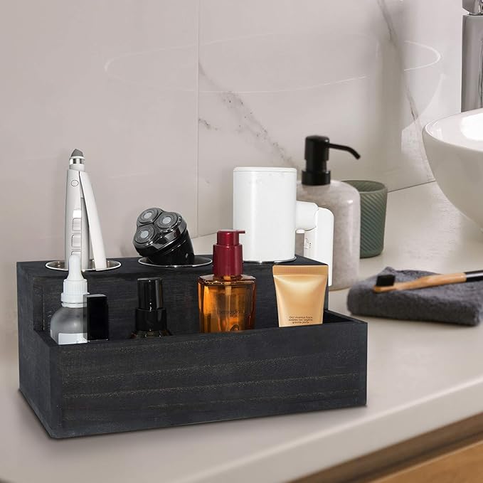 Wooden Hair Dryer Holder - Rustic Hair Tools Organizer with 3 Circular Holes and 1 Compartment, Bath Accessories Supplies Organizer for Bathroom Vanity Countertop Storage Hair Dryer, Vintage Black