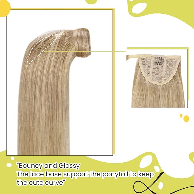 RUNATURE Ponytail Extension Human Hair, Real Hair Ponytail Extensions for Women, Natural Human Hair Ponytail with Magic Paste, 16 Inch 80g #16P22 Beige Blonde Highlights
