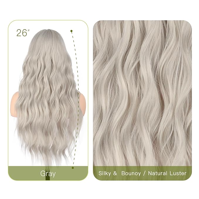 Long Wavy Gray Wig with Curtain Bangs for Women 26 Inch Silver Gray Synthetic Wig Natural Looking Heat Resistant Fiber Hair Wigs for Daily Party Halloween Cosplay Use