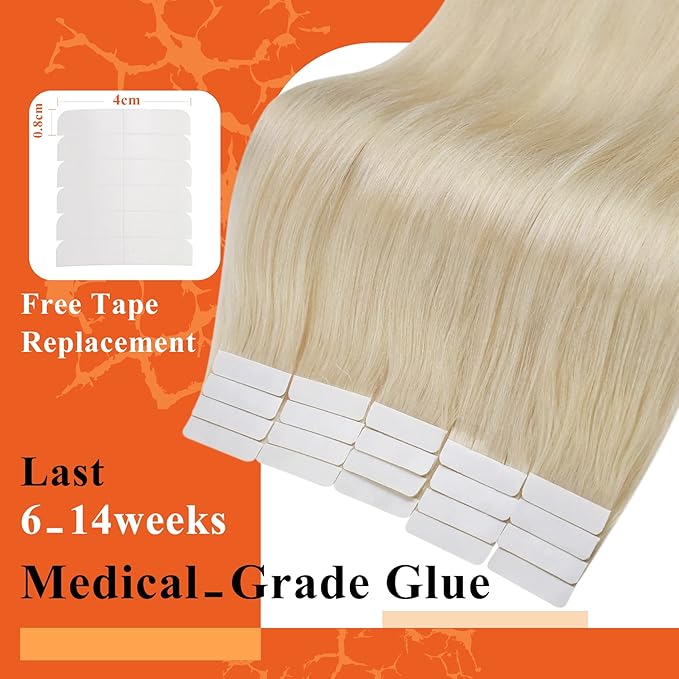 Full Shine Tape in Hair Extensions 24 Inch Tape in Color 60 Blonde Double Sided Hair Extensions Seamless Real Human Hair 20 Pcs 50 Gram Straight Add Length for Women Natural