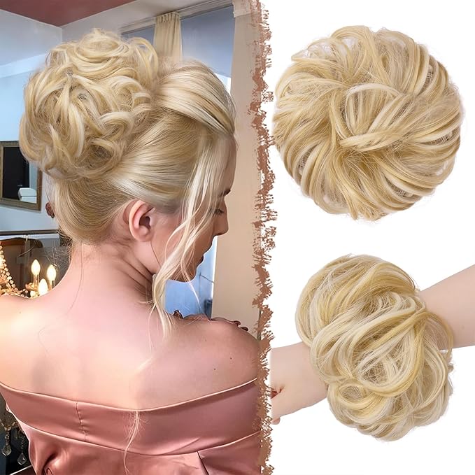 FESHFEN Messy Bun Hair Piece - Large Elastic Wavy Curly Hair Bun Scrunchies Ponytail Extensions Synthetic Chignon Hairpieces for Women, Champagne Blonde & White Blonde 1.94oz