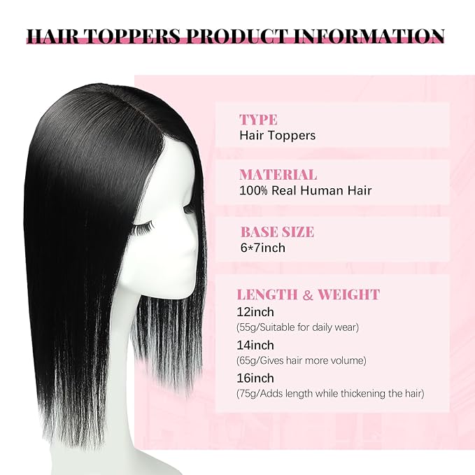 Hair Toppers for Women Real Human Hair, Hair Pieces for Women with Thinning 6x7inch Large Base 360° Cover 12inch Add Volume 55g(#1Toppers-12inch)