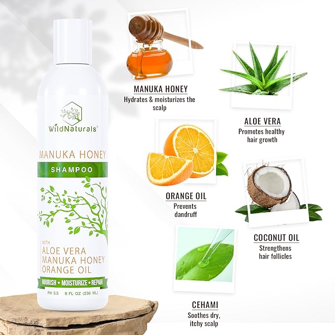 Wild Naturals Manuka Honey Shampoo for Eczema & Psoriasis – Hydrating Sulfate-Free with Aloe Vera & Coconut Oil – Moisturizing Shampoo for Dry, Itchy Scalp