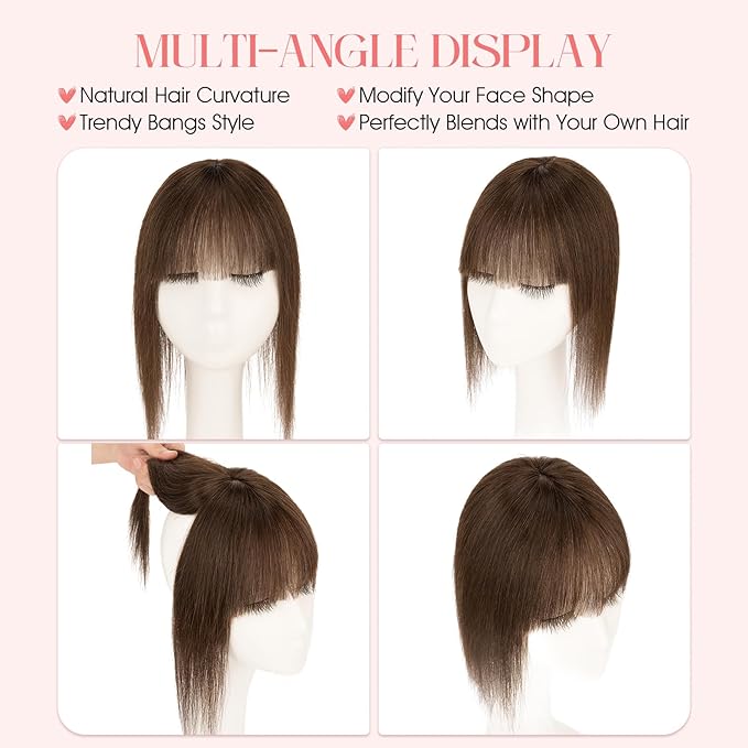 Hairro Mono Hair Toppers with Bangs, 3.4" x 3.4" Mono Base 100% Real Human Hairpieces for Women, 150% Density Clips In Topper for Greyish Thinning Hair, 16 Inch Dark Brown