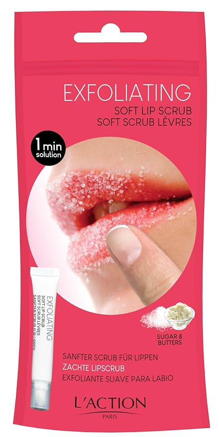 L'Action Paris Exfoliating Soft Lip Scrub, Smooth and Plumped Lips, Sugar Crystals for Gentle Exfoliation, Slanted Applicator, Soothing Shea and Mango Butter Formula 12ml