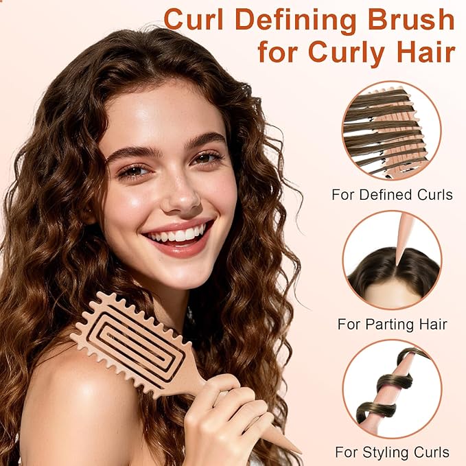 Curly Hair Brush, Curl Defining Brush with Soft Boar Bristles Detangling Tangled Glides, Wide-Teeth Design Effortlessly Shaping & Defining Curls, Curling Definer for Wet & Dry Hair (Beige)