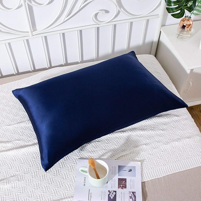SLPBABY 100% Natural Pure Silk Pillowcase for Hair and Skin, Both Side 19 Momme Silk, Luxury Smooth Satin Pillowcase Cover with Hidden Zipper (Standard(20''x26''), Navy Blue)