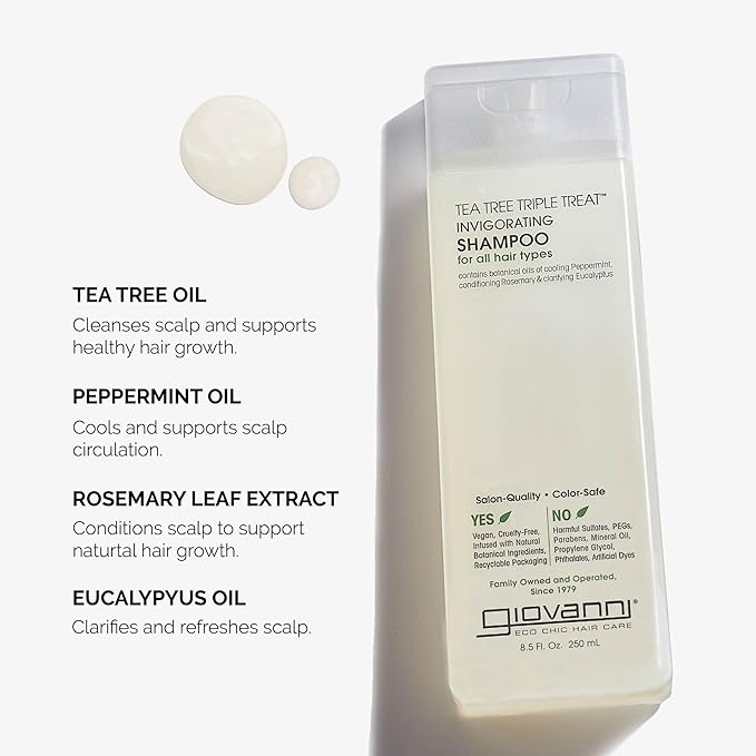 GIOVANNI Tea Tree Triple Treat Invigorating Shampoo - Cooling Peppermint, Eucalyptus & Rosemary, Strengthen & Rejuvenate Hair & Scalp, Salon Quality, Paraben Free, Tea Tree Shampoo - 8.5 oz (3 Pack)