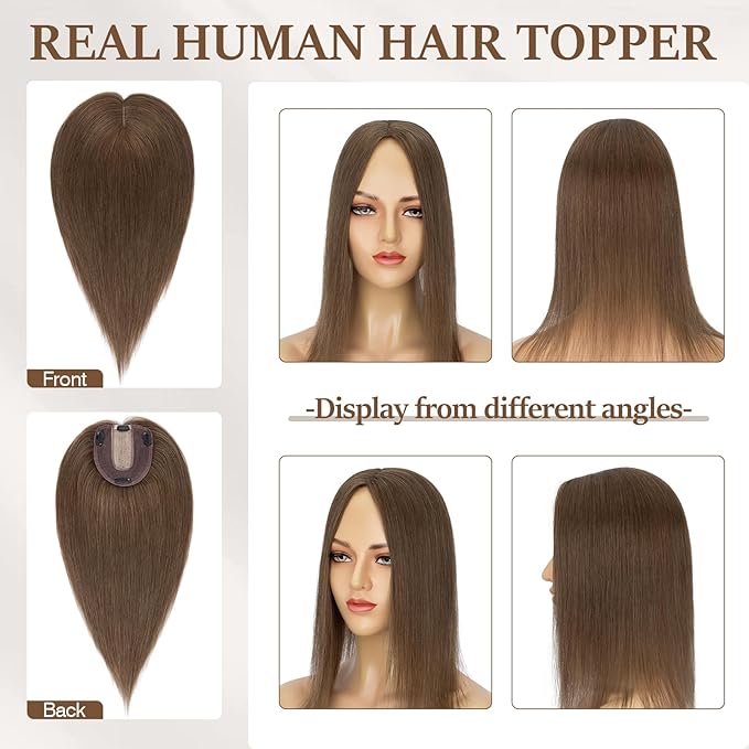 Rich Choices Hair Toppers for Women Real Human Hair 100% Human Remy Toppers NO Bangs for Women with Thinning on Top Clip in Hairpiece 4"x4.7"Lace Base 14 Inch #4R Natural Brown